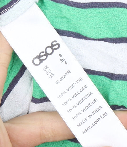 Close-up detail of ASOS Women's Green Striped Jumpsuit, size 8, Sleeveless