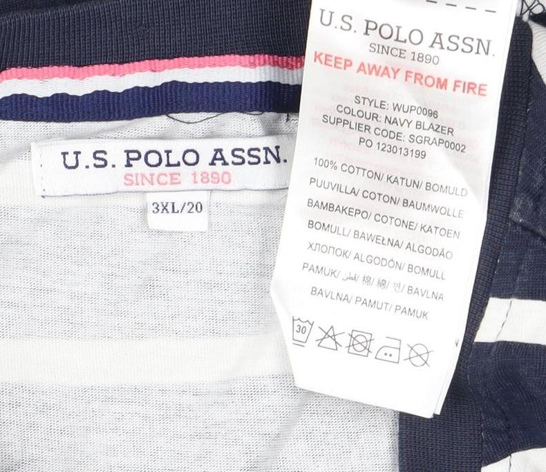 Close-up detail of U.S. Polo Assn. unisex blue striped t-shirt, size 20, cotton