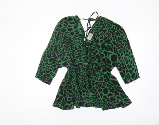 Additional front view of Asos Women Green Wrap Top V-Neck Animal Print, size 8