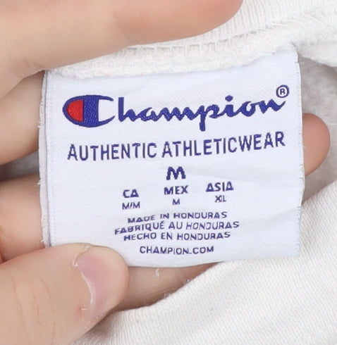 Brand and care label for Champion White Pullover Sweatshirt for unisex adults m
