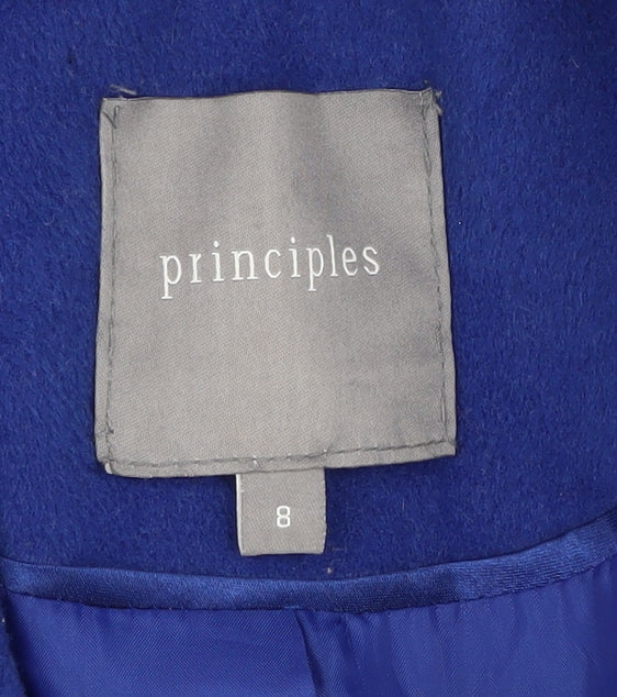 Brand and care label for Principles Women's Blue Overcoat, size 8, Button