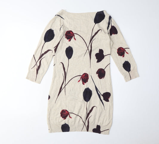 Next Women Beige Floral Knit Dress, Size 6, Boat Neck