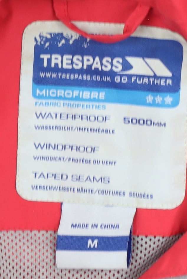 Brand and care label for Trespass unisex red waterproof rain jacket m