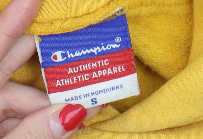 Close-up detail of Champion Yellow unisex pullover hoodie, s, casual sportswear