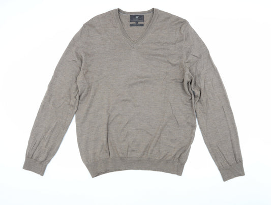Marks and Spencer Men's Beige Slim Fit V-Neck Jumper