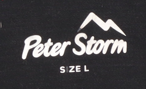 Brand and care label for Peter Storm unisex black zip sweatshirt, size L