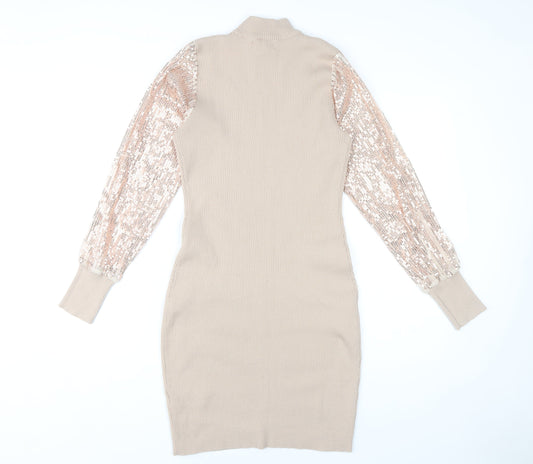 Quiz Beige Bodycon Dress Women's S High Neck Sequin Sleeve