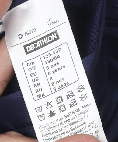 Close-up detail of Decathlon boys’ blue grey windbreaker jacket 8 years hooded