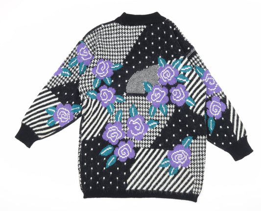 Honey Women's Black Floral Knit Jumper One Size High Neck