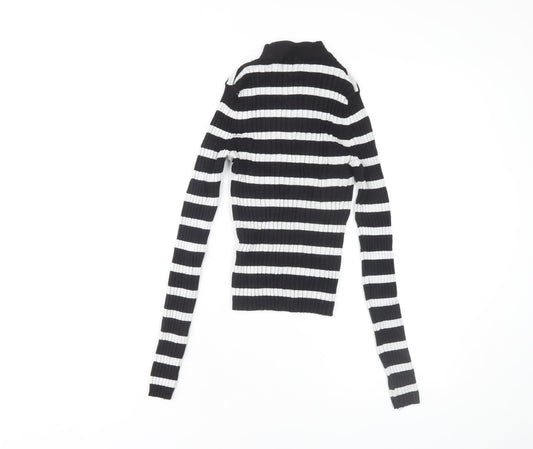 Bershka Women's Black Striped Jersey Mock Neck Top M