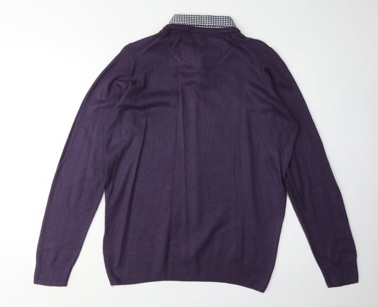 James Pringle Men's Purple V-Neck Check Jumper, Size S