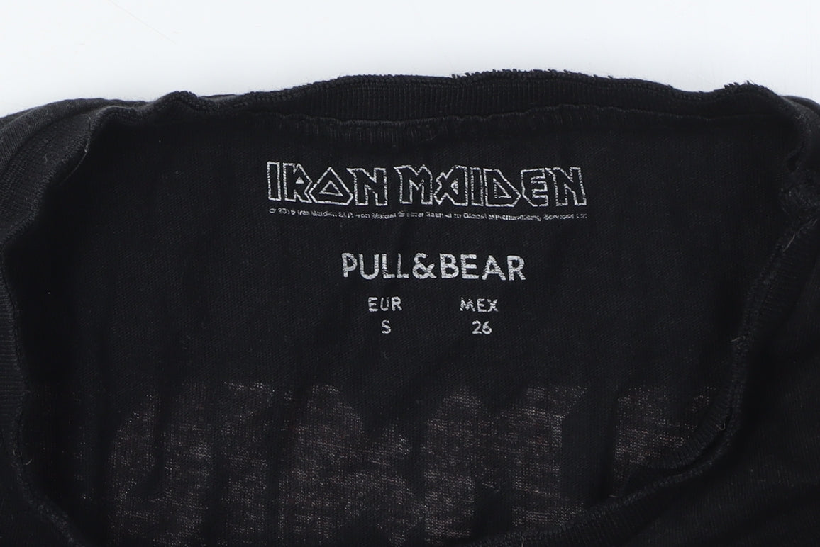 Pull & Bear Men's Black Iron Maiden Band T-Shirt, Size S