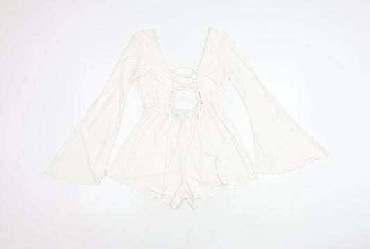 Boohoo Women's White V-Neck Long Sleeve Playsuit