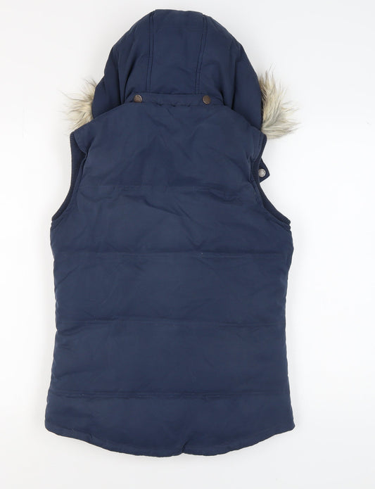 Fat Face Women's Blue Fur Trim Hooded Puffer Waistcoat Size 8