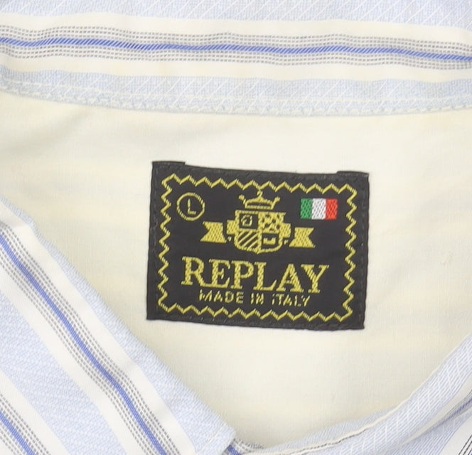 Replay Men's Blue Striped Long Sleeve Shirt Size L