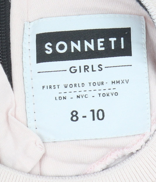 Brand and care label for Sonneti girls’ pink logo pullover sweatshirt 8-10 years