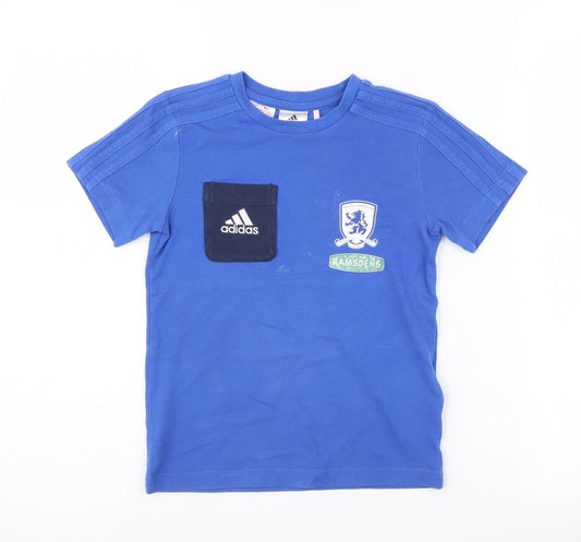 Additional front view of Adidas boys’ blue football t-shirt, 5-6 years, pullover, logo