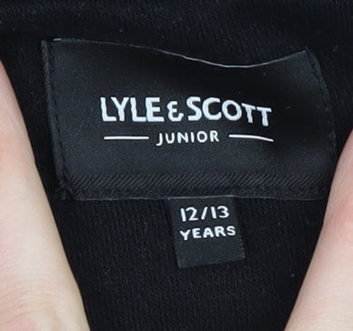 Brand and care label for Lyle & Scott boys’ black pullover hoodie, 12-13 years