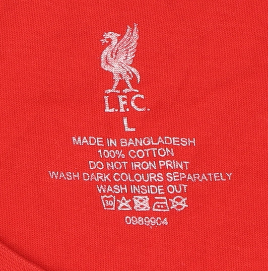 Close-up detail of LFC Men’s Large Red Crew Neck Graphic T-Shirt