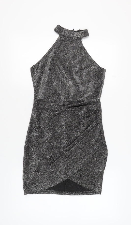 Additional front view of AX Women's Silver Halter Sheath Mini Party Dress