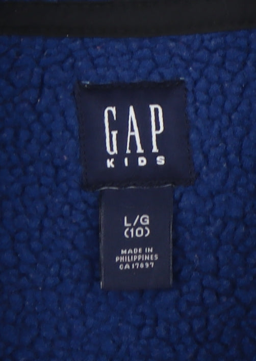 Brand and care label for Gap boys’ grey puffer jacket, size L, full zip