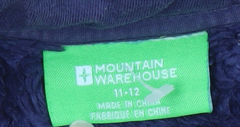 Brand and care label for Mountain Warehouse boys’ fleece striped full zip sweatshirt 11-12y