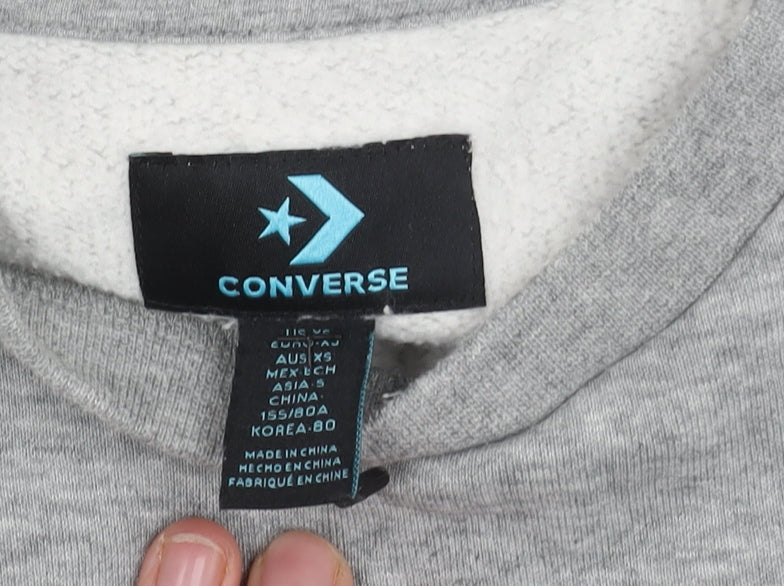 Brand and care label for Converse unisex grey xs logo crew neck sweatshirt