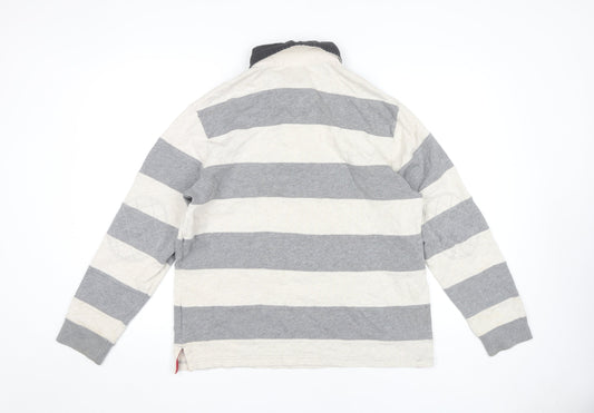 Marks and Spencer Men's Grey Striped Long Sleeve Polo M