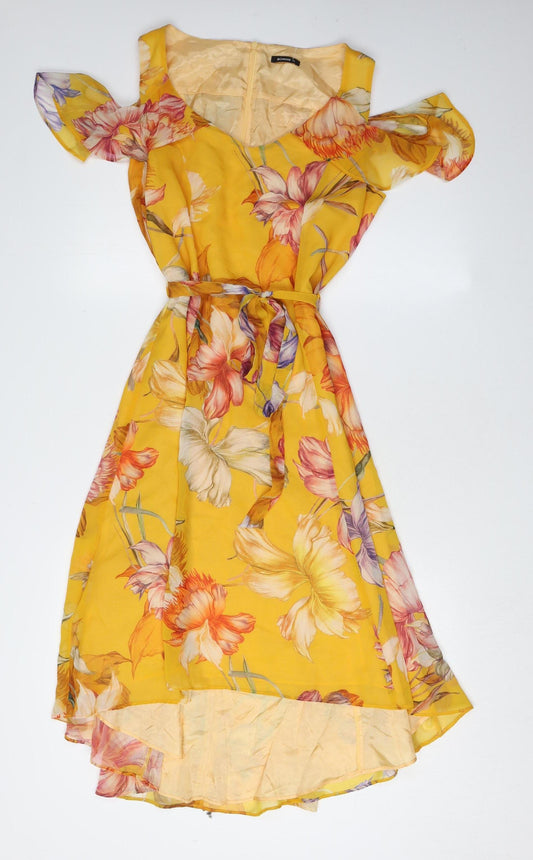 Additional front view of Roman Women's Yellow Floral A-Line Hi-Low Dress