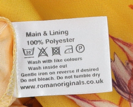 Brand and care label for Roman Women's Yellow Floral A-Line Hi-Low Dress