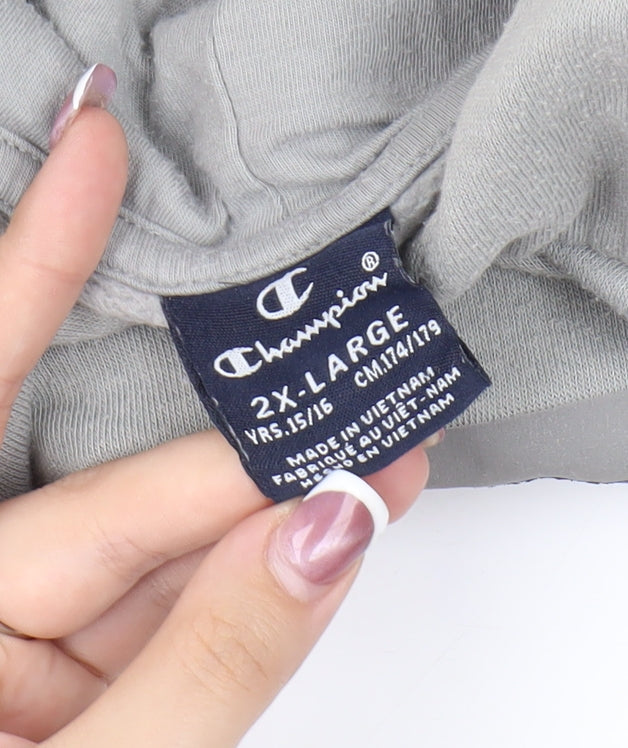 Close-up detail of Champion boys’ grey 2xl pullover hoodie with logo