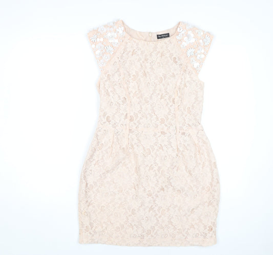 Additional front view of Miss Selfridge Beige Lace Sheath Dress, size 12