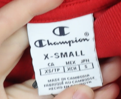 Brand and care label for Champion Red Pullover Sweatshirt XS unisex logo