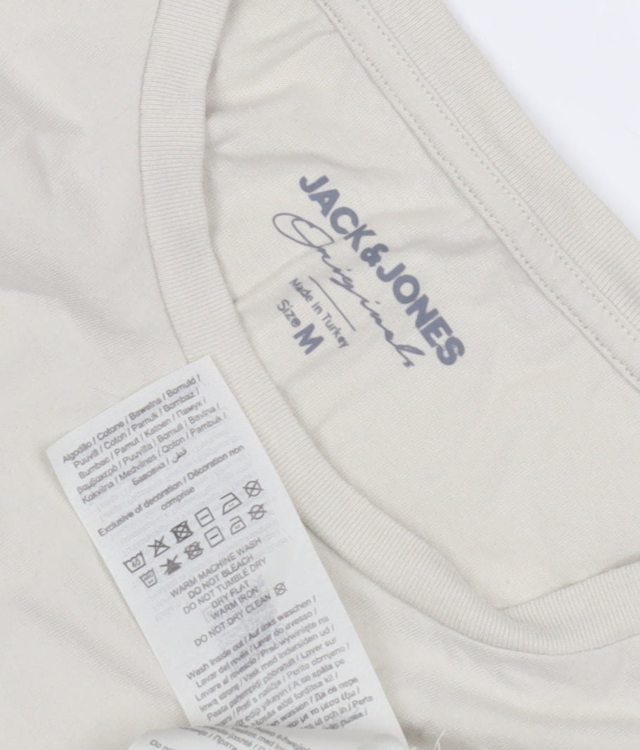 Close-up detail of Jack & Jones Beige T-Shirt M unisex crew neck casual
