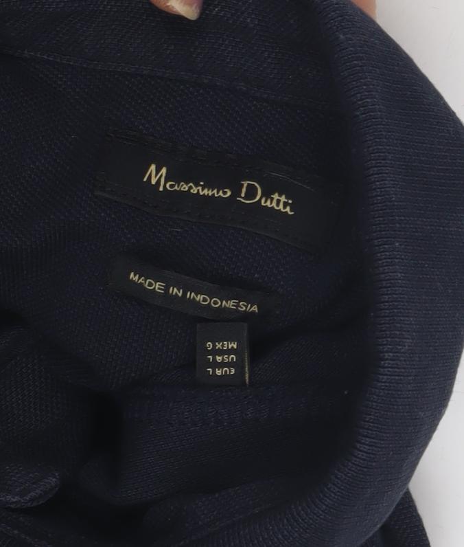 Massimo Dutti Men's Blue Long Sleeve Polo Shirt L