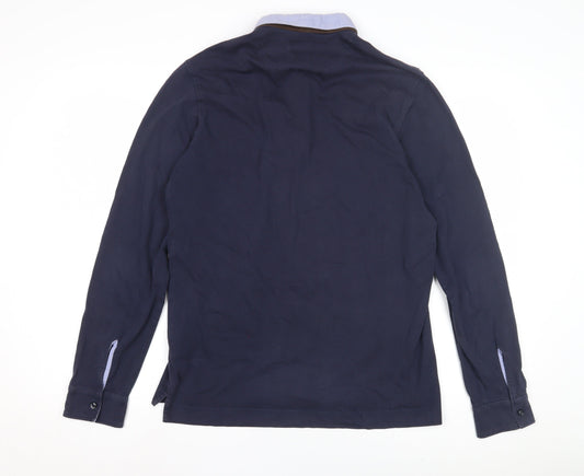 Massimo Dutti Men's Blue Cotton Long Sleeve Polo L