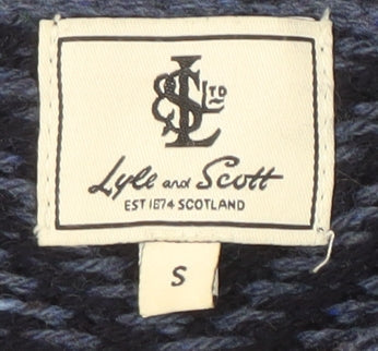 Brand and care label for Lyle and Scott Men's Blue jumper, size S