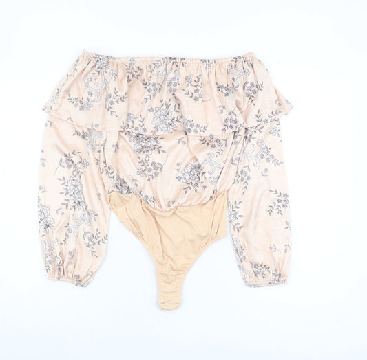 Additional front view of Missguided Women's Beige Floral Off Shoulder Bodysuit, size 8