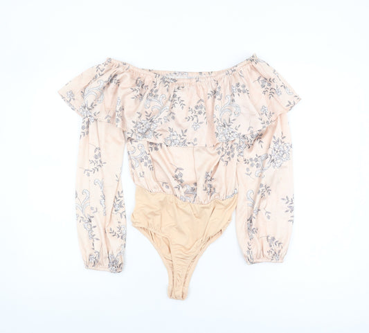 Missguided Women's Beige Floral Off Shoulder Bodysuit, Size 8