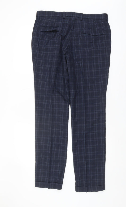 Next Men's Blue Plaid Trousers, Size 34, Zip Closure