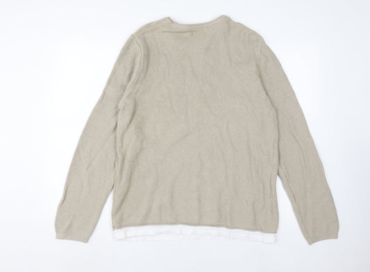 Pull&Bear Men's Beige Crew Neck Knit Pullover - Size L
