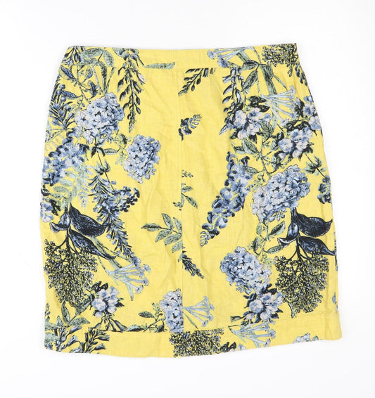 Next Women's Floral Yellow Skirt, Size 12, Linen Blend