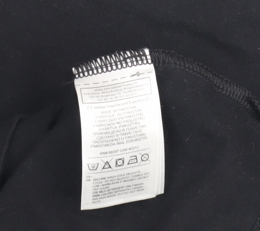 Brand and care label for Adidas unisex black long sleeve pullover top, size 8