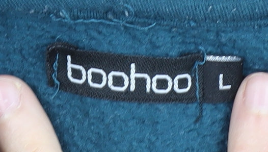 Brand and care label for Boohoo unisex blue pullover hoodie l