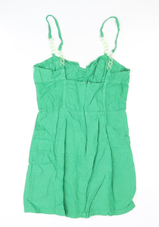 Zara Green Linen-Cotton Short Dress, Size 8, Summer
