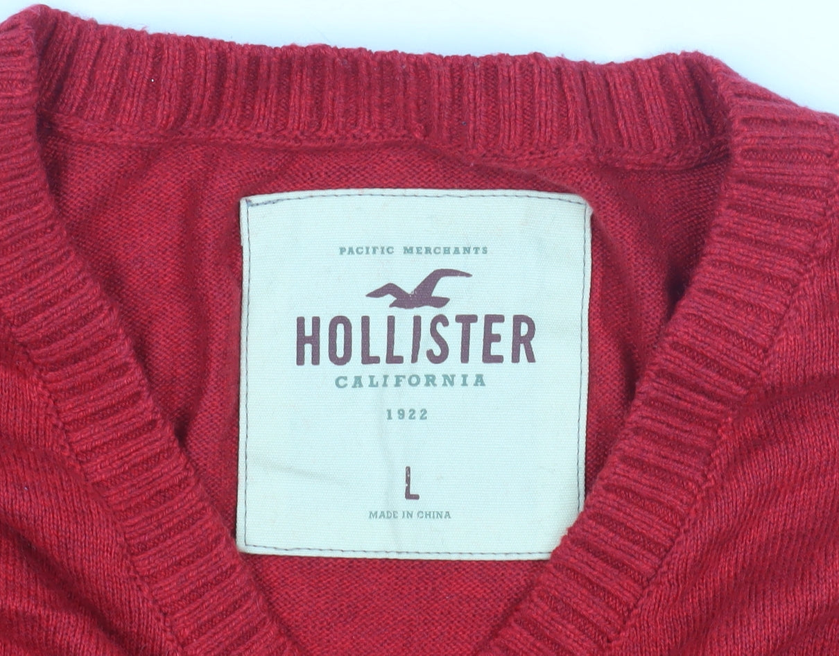 Hollister Men's Red V-Neck Pullover Jumper L