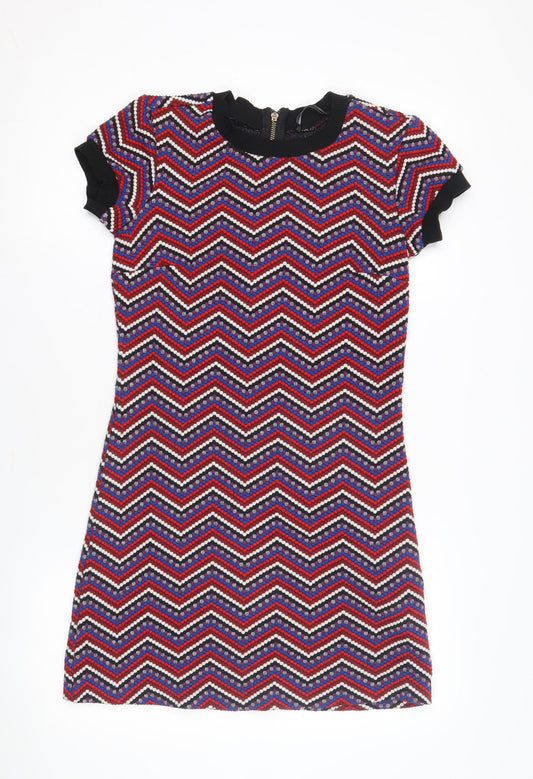 Additional front view of Zara Woman Multicoloured Chevron Shift Dress, size 10