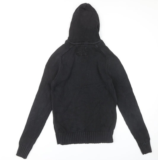H&M Men's Black Hooded Henley Jumper Size S
