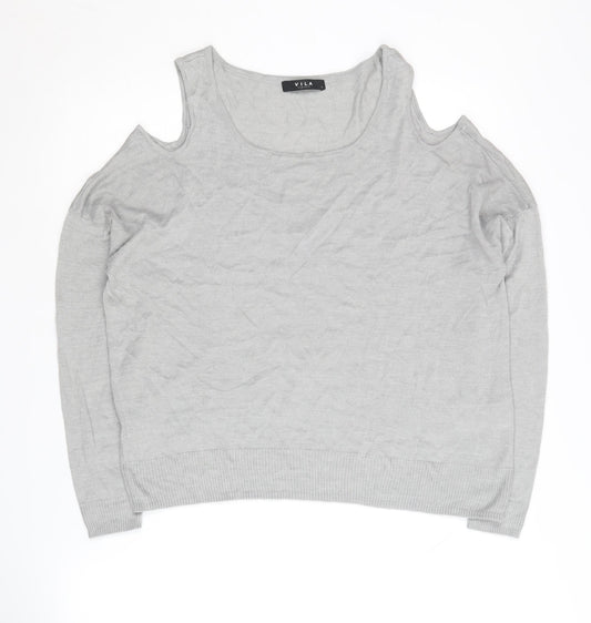 VILA Women's Grey Pullover Jumper, Size L, Cold Shoulder