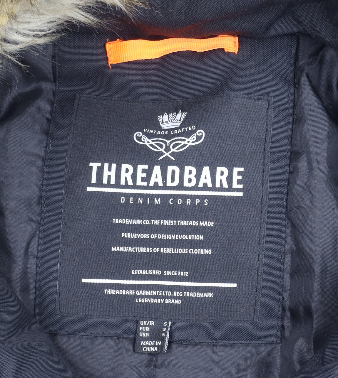 Mens UK Size S Threadbare Black Parka Coat